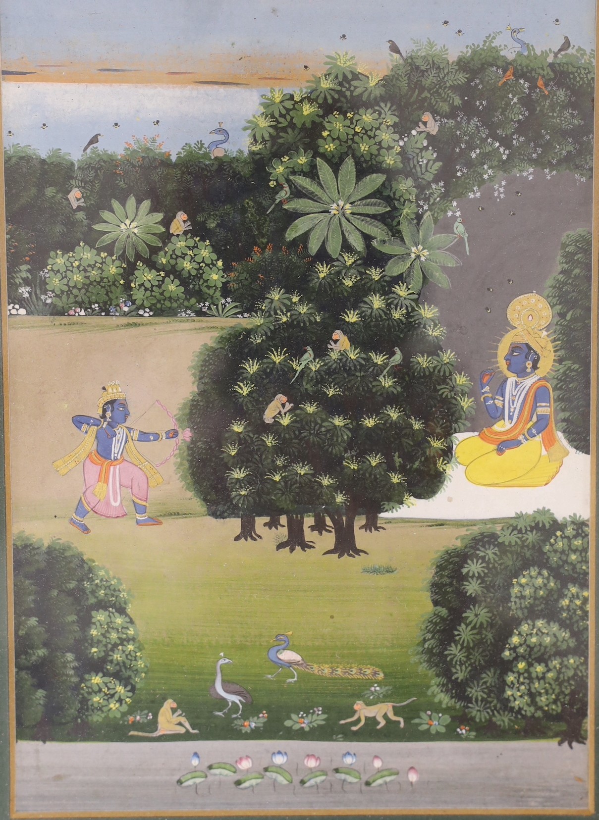 Indian School, late 19th/ early 20th century, Mughal style, three gouaches, young female, tiger hunt, and others, largest 17 x 10cm